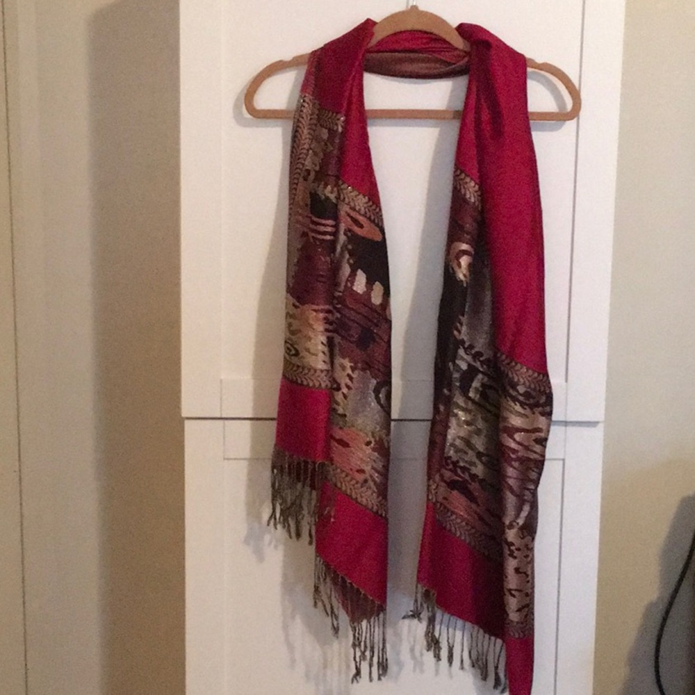 Dark Red Scarf with Silver Black and Gold Accents